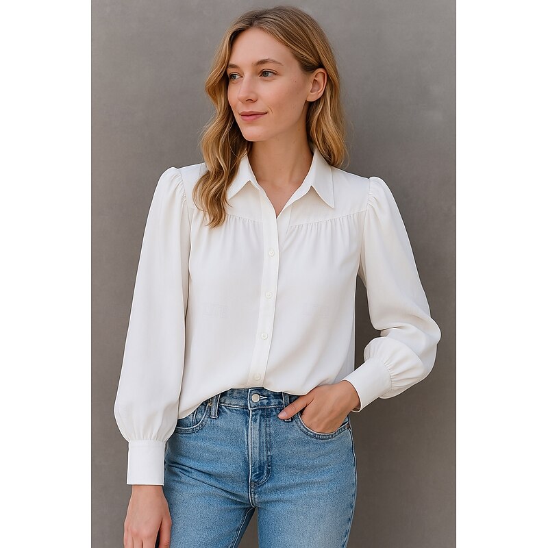 Women's Shirt Plain Basic Modern Long Sleeve Shirt Collar Regular Tops Daily Holiday Buttons White Summer