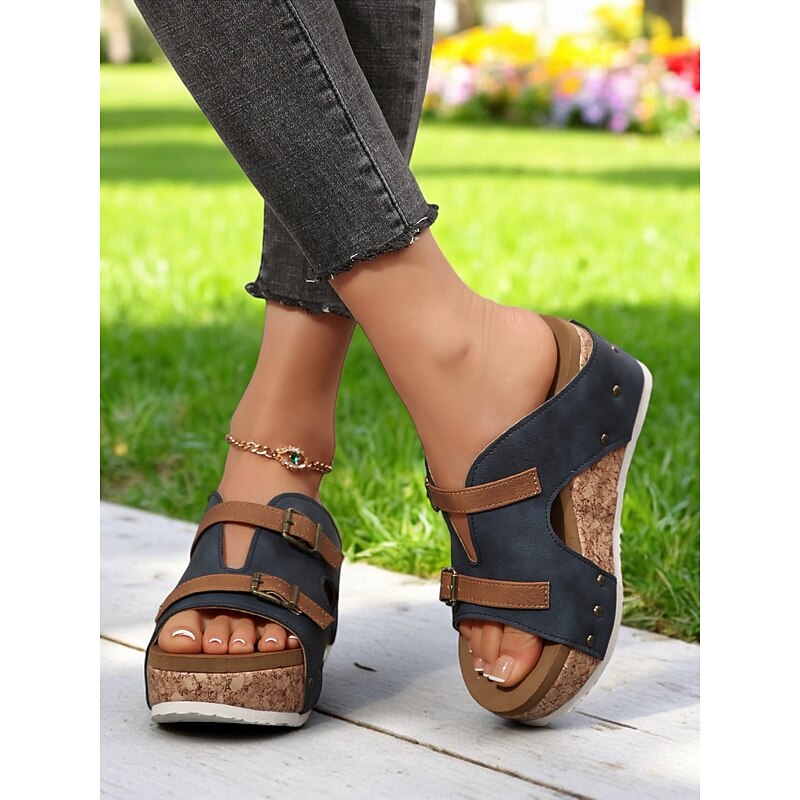 Women's Stylish Dark Blue Cork Wedge Sandals – Double Buckle Closure, Perfect for Outdoor Walks, Casual Gatherings, and Vacation2