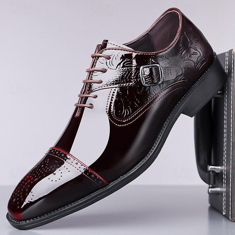 Men's Dress Shoes - Burgundy Two-Tone Patent Leather Shoes with Lace-Up Design for Dance Parties and Special Occasions
