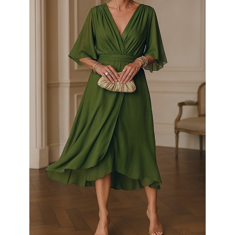 Women's Long Dress Maxi Dress White Dress Casual Dress Cocktail Dress Wedding Guest Dress Elegant Modern Mature Office Daily Date Regular Fit Plain 3/4 Length Sleeve V Neck Green Summer