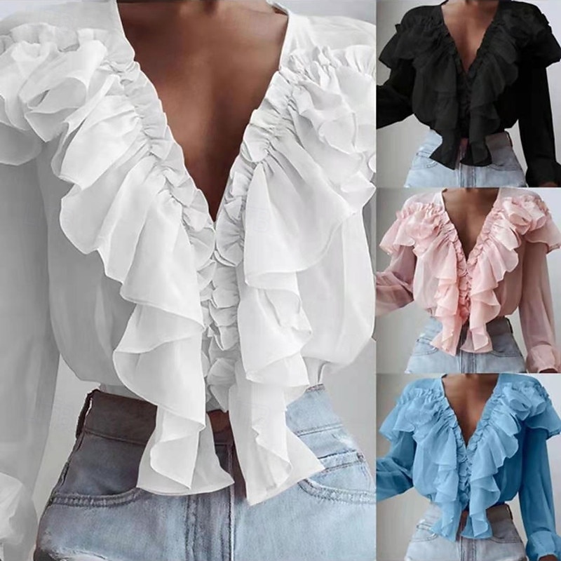 Women's Shirt Button Down Blouse Solid Color Floral Plain Stylish Casual Long Sleeve V Neck Regular Tops Daily Ruffle Black White Pink Blue Summer Spring