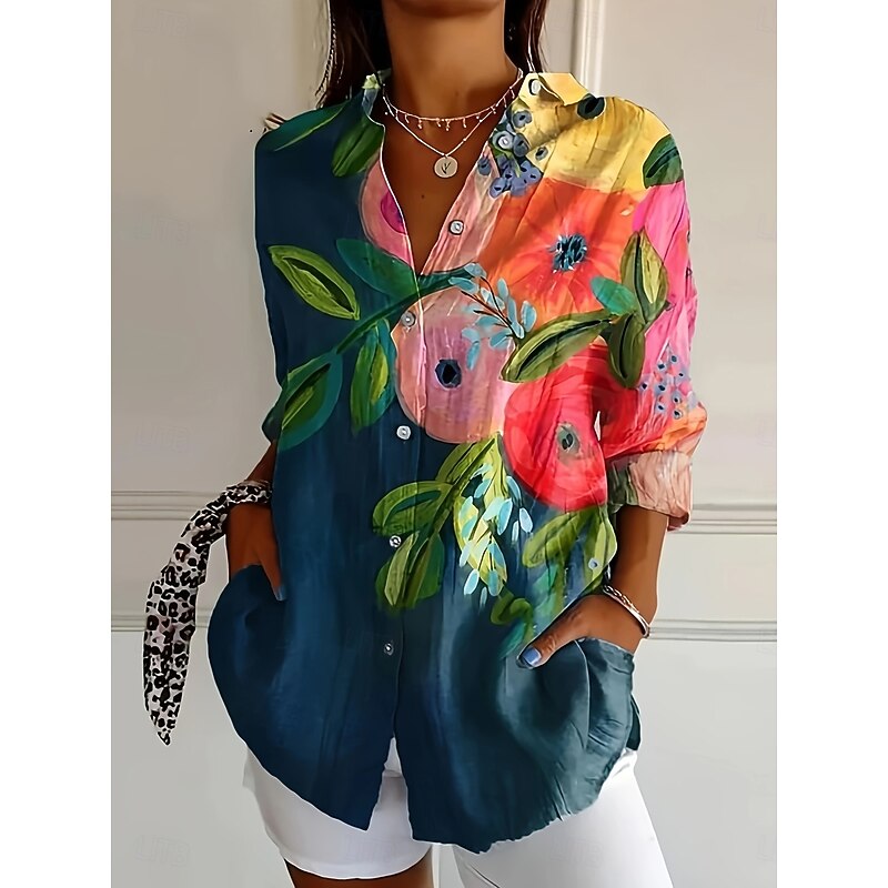 Women's Shirt Button Down Tunic Shirt Collar Long Sleeve Floral Graphic Geometric Casual Regular Tops Work Daily s Print Black Pink Orange Green Spring Fall Winter3
