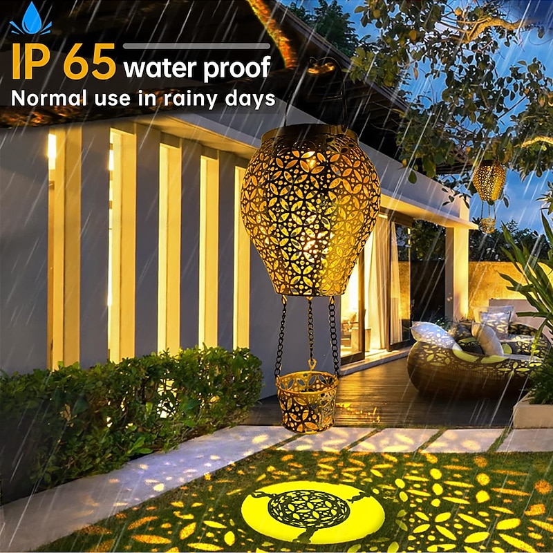 1 Pc Outdoor Solar Waterproof Hot Air Balloon Lawn Plug in Light Metal Hollow Projection Light Courtyard Garden Path Landscape Light Camping Light Decorative Light