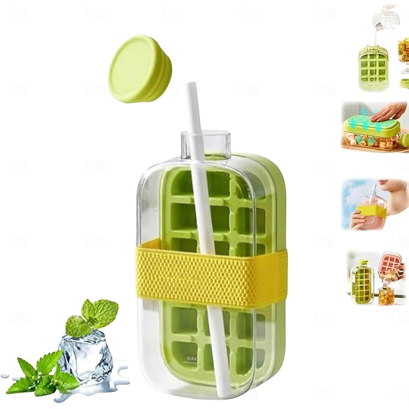 Ice Bottle Cup 2 in 1 Touch-Free, 800ml, Ices Cube Tray Water Bottles Ices Cube Bottles with Straw Portable Touch Free Ice Cube Trays with Lid and Bin Suitable for Home Ice Making