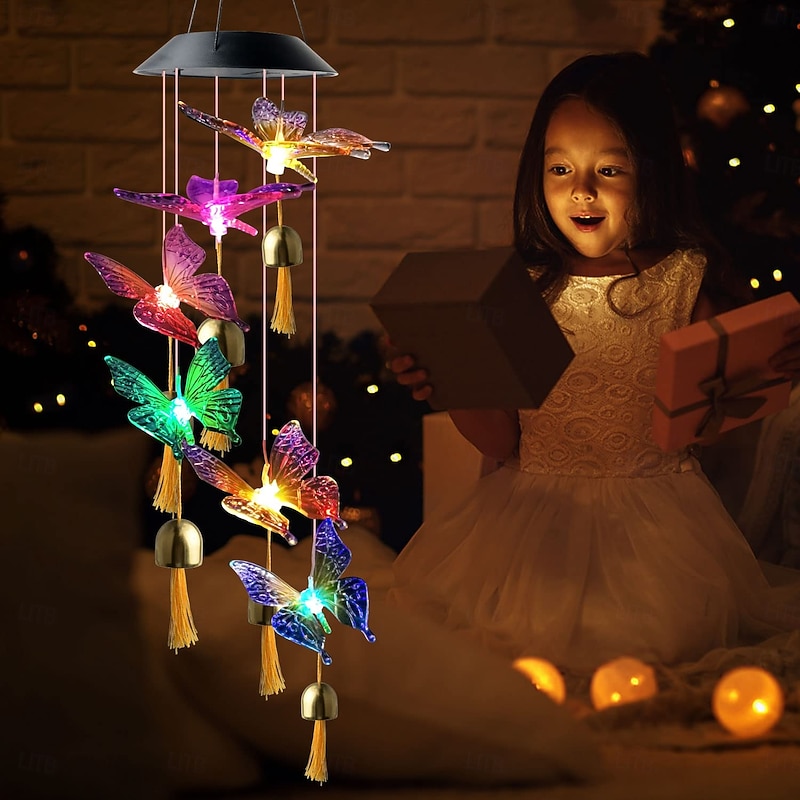 1 Pc outdoor solar purple yellow butterfly wind chime light with bell and tassel courtyard garden porch balcony landscape light decorative light2