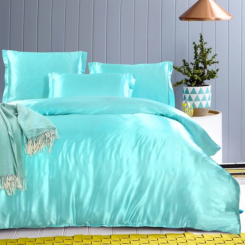 Simulation Silk Satin Solid Color Quilt Cover Pillowcase Bed Sheet Three-piece Set3