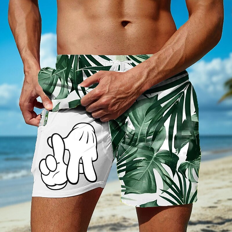 Men's Palm Leaf Cartoon Hand Print Lined Shorts 2 in 1 Board Shorts Swim Shorts Mid Waist Hawaiian Holiday Beach Wear Side Pockets With Compression Liner Elastic Drawstring Waist Designer Clothing