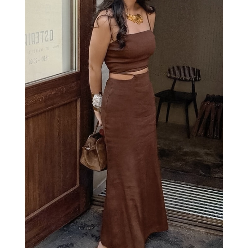 Women's Fashion Streetwear Cotton Linen Sets Skirt Sets Sleeveless Strap Plain Backless Holiday Weekend Brown Summer Regular Fit2