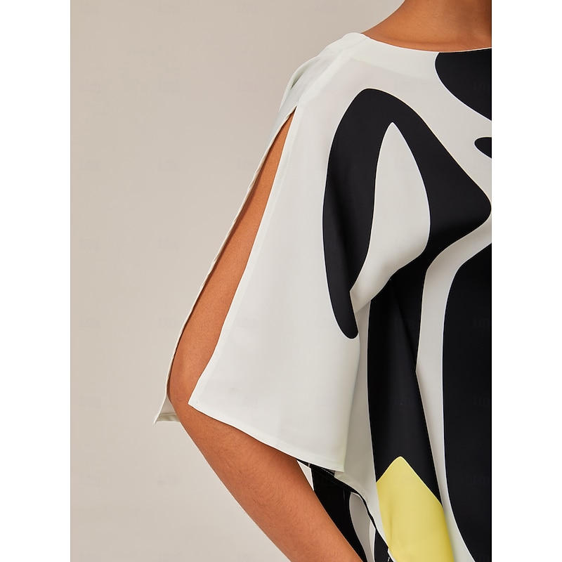 Women's Satin Silk Shirt Color Combo Casual Daily Magyar Sleeve Black Ladies Flowy Graphic Half-Sleeve Casual Daily Bateau Spring &  Fall Cross-Seasons4