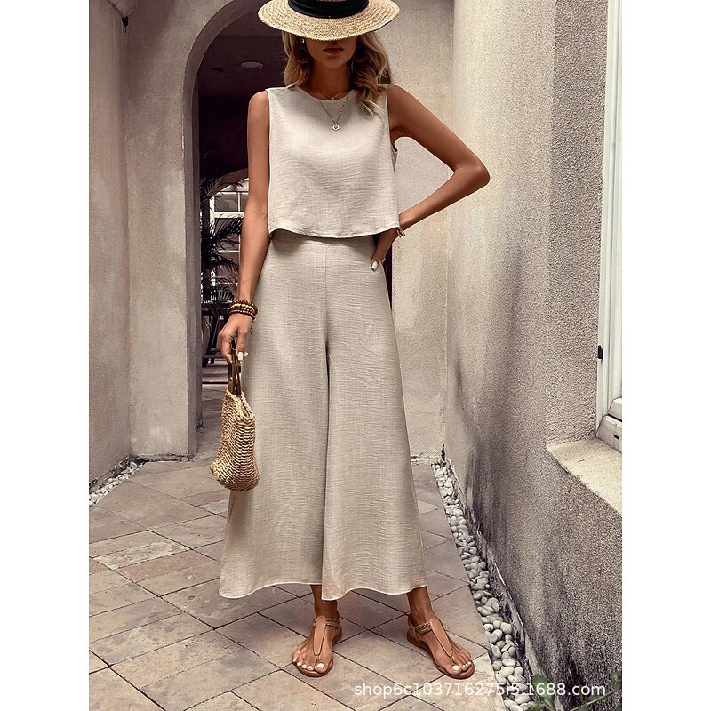 Women's 2 Pieces Fashion Streetwear Daily Pants Sets Sleeveless Crew Neck Solid Color Drawstring Vacation Casual Daily Pink Blue Orange Summer Loose Fit2