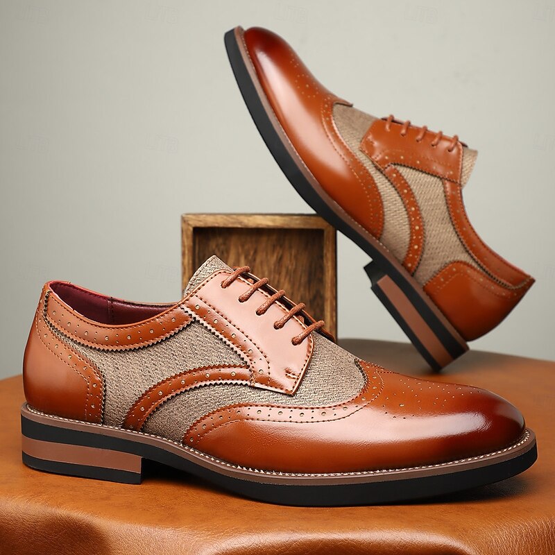 Men's Tan Faux Leather Brogue Derby Shoes – Sophisticated Prom Shoes for Elegant Celebrations2
