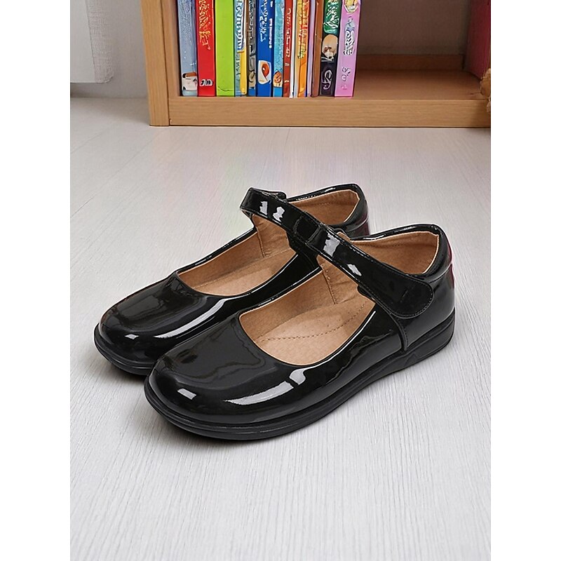 Little Girls' Black Patent Mary Jane Shoes with Hook-and-Loop Strap – Easy On School Dress Shoes for Elementary Kids