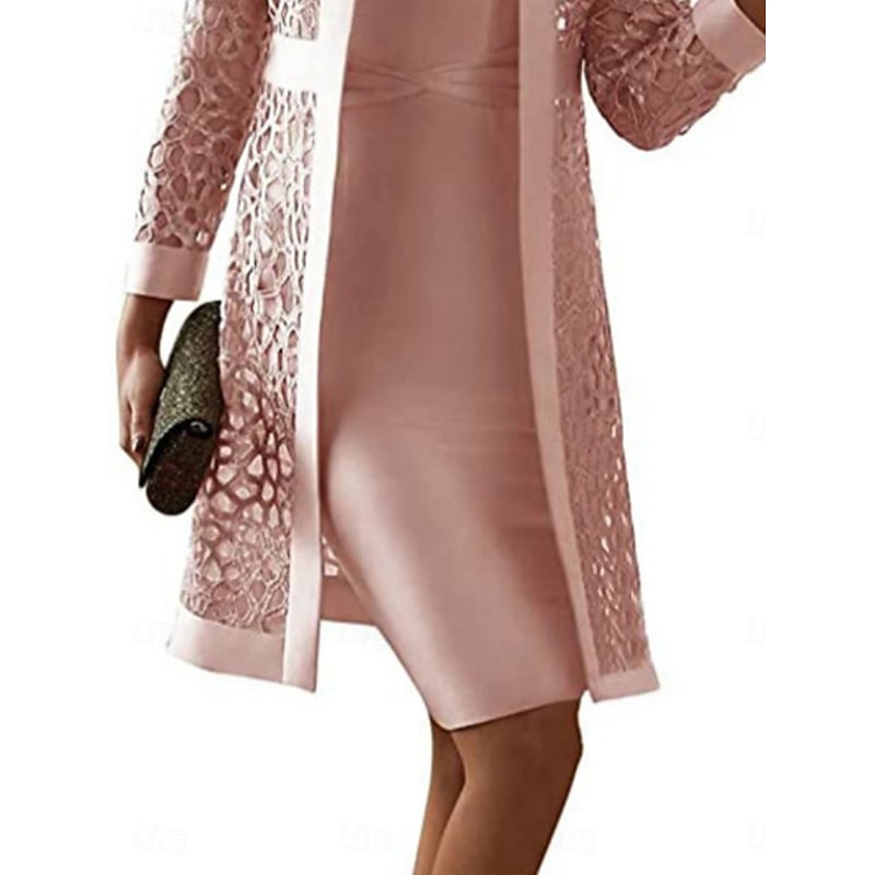 Women's Dress Set Midi Dress Solid Color Eyelet Dress Casual Plain Lace Patchwork Midi Dress Long Sleeve Crew Neck Outdoor Daily Champagne Pink Blue Summer Spring Regular Fit3