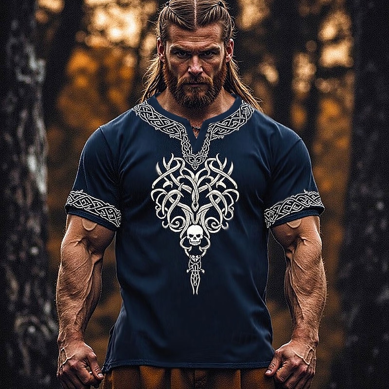 Men's Skull Viking Shirt Tee Top Short Sleeve T shirt 3D Print V Neck Shirt Tribal Street Casual Daily Blue Summer Spring Clothing Apparel S M L XL XXL XXXL2