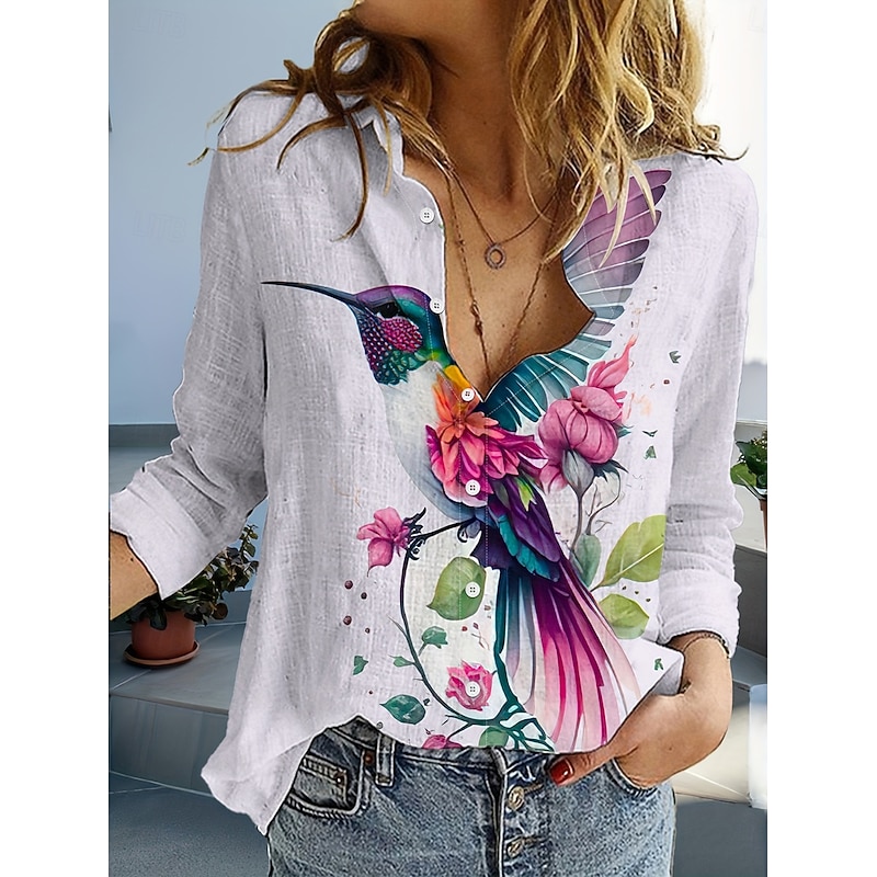 Women's Shirt Button Down Tunic Shirt Collar Long Sleeve Floral Graphic Bird Casual Regular Tops Work Daily s Print White Spring Fall Winter