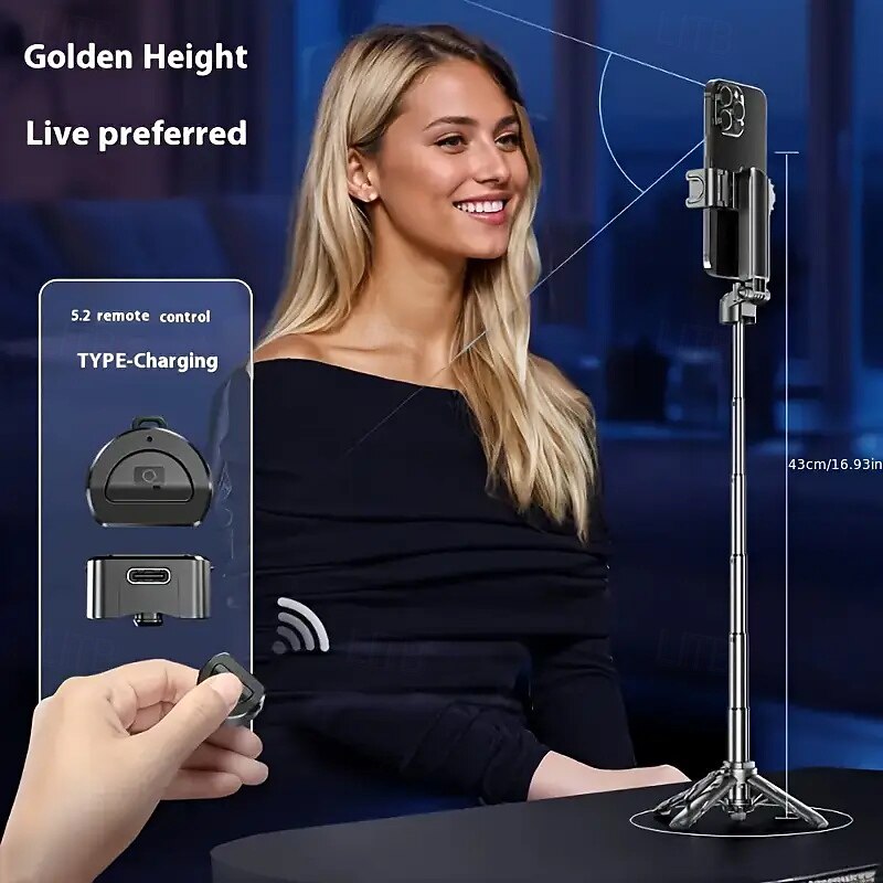 16-inch Retractable Selfie Stick Tripod, Wireless Remote, 360° Rotating Stand, One-Touch Release, USB Rechargeable, Smartphone Compatible2