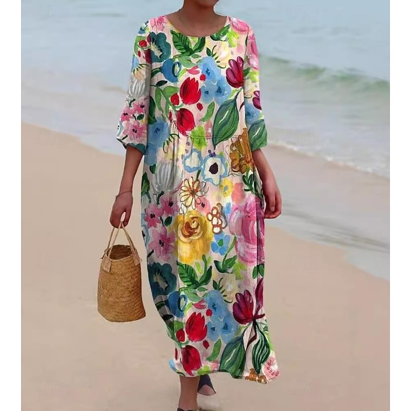 Women's Maxi Dress Shift Dress A Line Dress Vacation Casual Boho Going out Beach Standard Fit Floral Graphic Sleeveless U Neck Maroon Red Blue Summer Spring