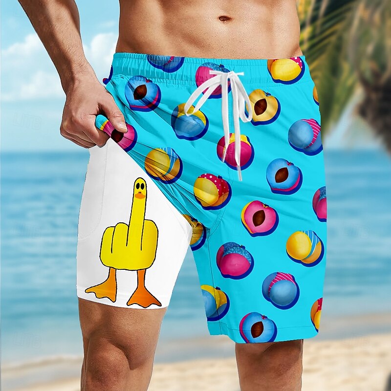 Men's Funny Peach Duck Lined Shorts 2 in 1 Board Shorts Swim Shorts Mid Waist Hawaiian Vacation Holiday Beach Wear Side Pockets With Compression Liner Elastic Drawstring Waist Designer Clothing2