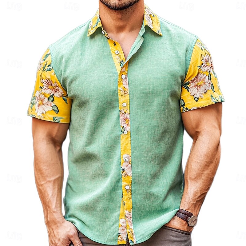 Men's Shirt Linen Shirt Beach Shirt Summer Hawaiian Shirt Floral Outdoor Street Green Short Sleeve Turndown Summer Spring Clothing Apparel Print2