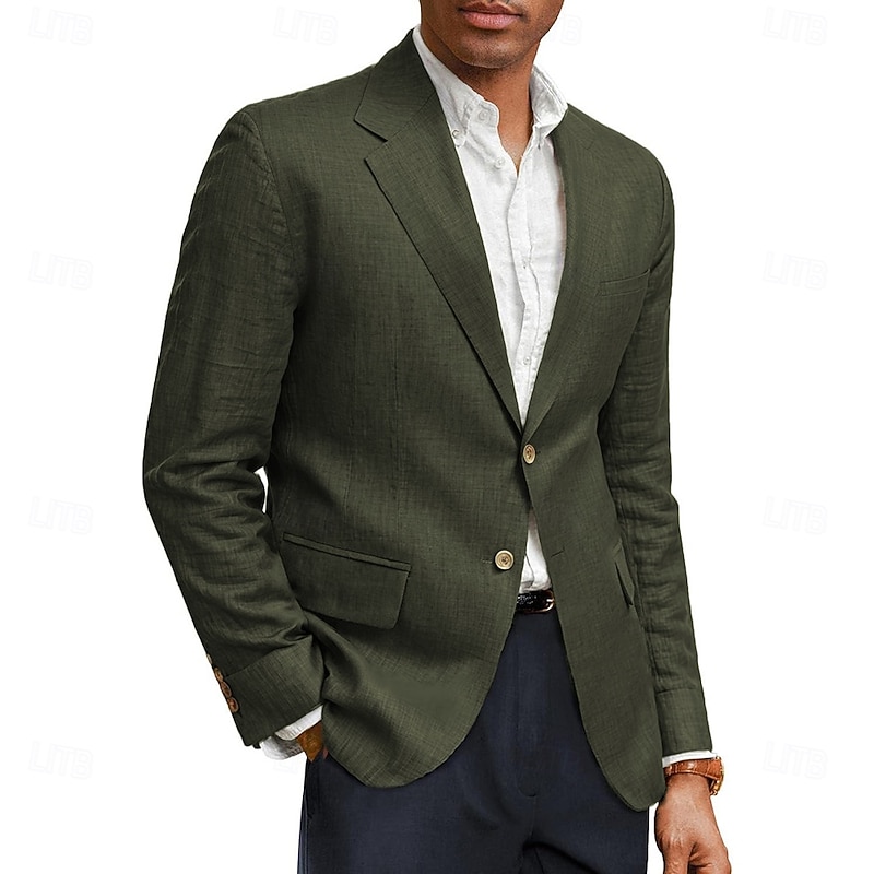 Men's Linen Blazer Sport Coat Notch Collar Fashion Casual Solid Colored Linen Blazer Army Green Standard Fit Single Breasted Two-buttons