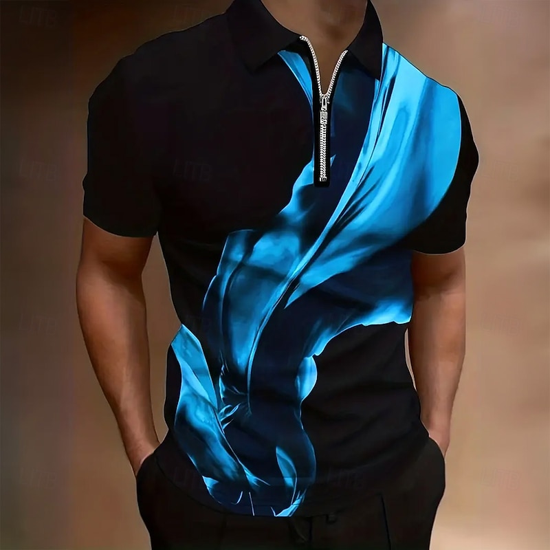 Men's Abstract Zip Polo Short Sleeve Turndown Casual Daily Modern Sports & Outdoor Athleisure Casual Daily Zipper Summer Robin's Egg Blue Green2
