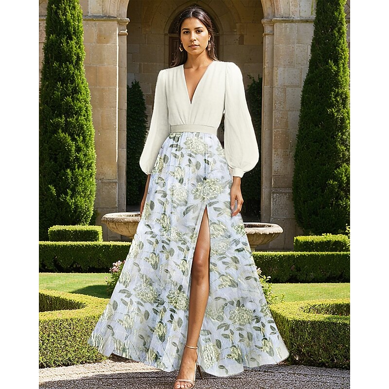 Floral Brodace Chiffon Gown Celebrity Style Dress Formal Wedding Guest Plunge Neck Puff Sleeve With Slit Floor Length Wedding Guest Dress4
