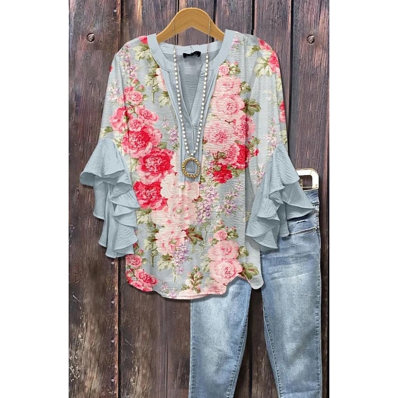 Women's Blouse V Neck Layered Ruffle Sleeve Tops Floral Graphic Paisley Daily Stylish Casual 3/4 Length Sleeve Regular Tops Daily Holiday Vacation Wear Print Purple Green Beige Light Blue Summer2