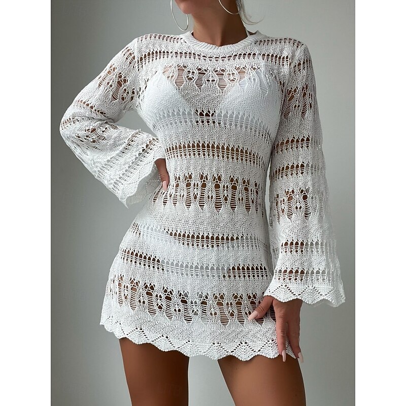 Women's Swimsuits Cover Up Swim Dress Swimsuit Cut Out Vacation Beach Wear Solid Color Round Neck Long Sleeve Bathing Suits4