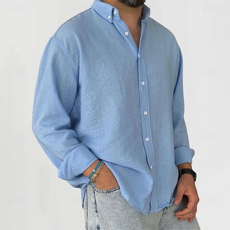 Men's Cotton Linen Shirt Plain Vacation Daily Wear Black White Pink Royal Blue Long Sleeve Shirt Collar Spring &  Fall Clothing Apparel Button-Down3