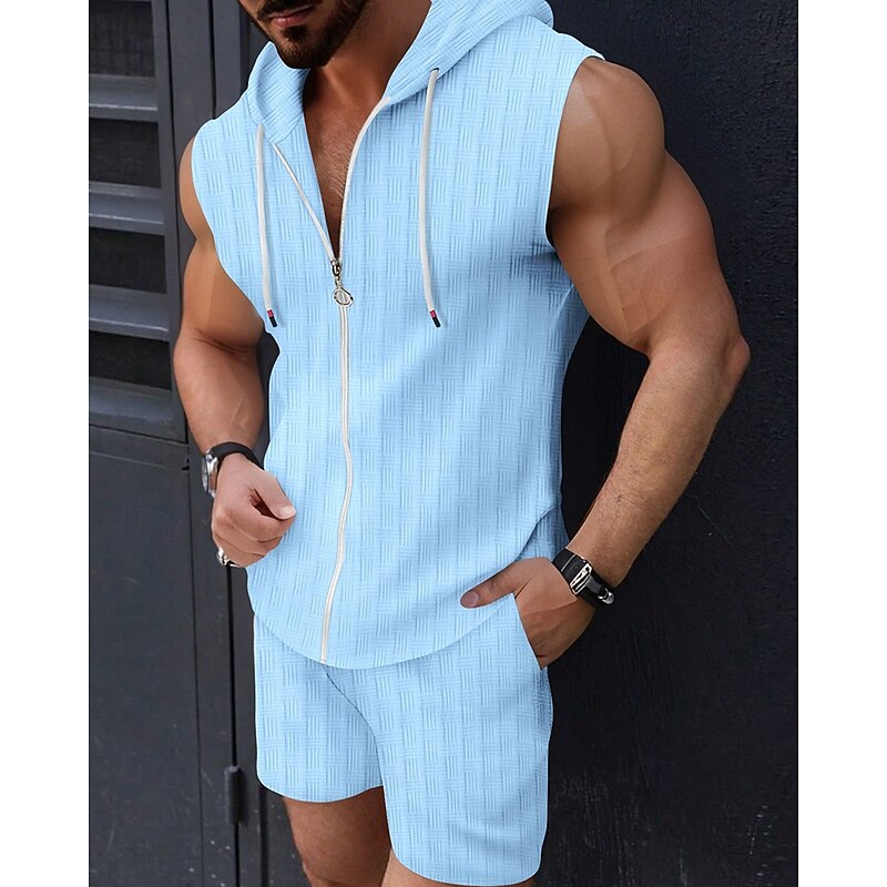 Men's T-shirt Suits 2 Pieces Outfits Tee & Shorts Sleeveless Hooded Summer Plain Fashion Casual 2 Piece Vacation Daily Wear Going out Black Pink White Top Tee for Men