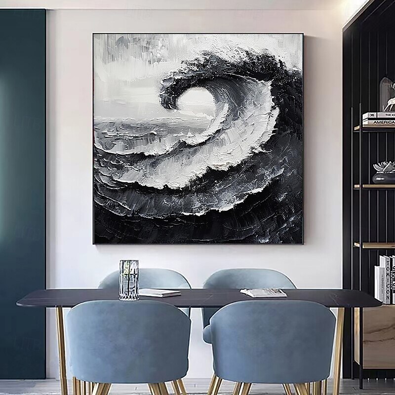Handmade Oil Painting Canvas Wall Art Decoration Modern Abstract Black and White Ocean Wave Landscape for Home Decor Stretched Frame Hanging Painting/Rolled Frameless Unstretched Painting4