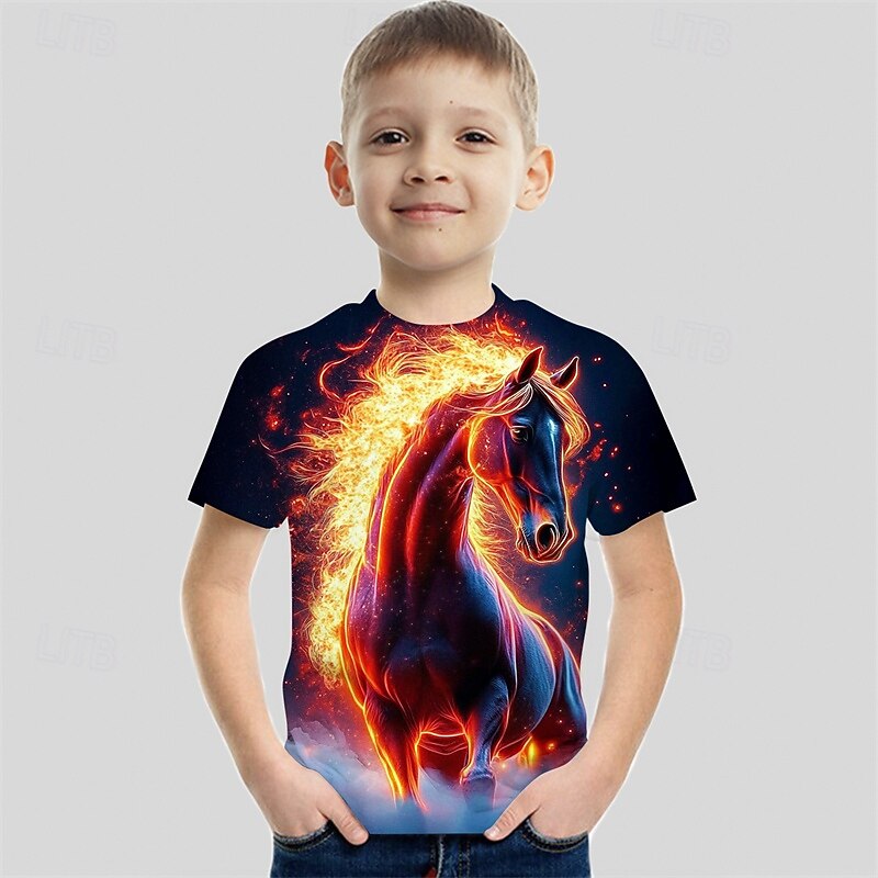 Boys 3D Horse T shirt Tee Short Sleeve Summer Spring Fashion Basic Kids 4-12 Years Crew Neck Outdoor Casual Daily Regular Fit4