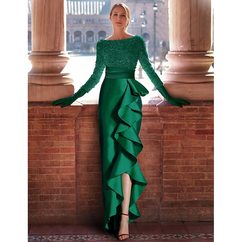 A-Line Evening Gown Elegant Dress Formal Floor Length Long Sleeve Jewel Neck Satin with Ruffles Slit Masquerade Dress4