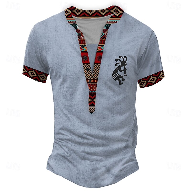 Men's Ethic / African T Shirt Henley Shirt Tee Short Sleeve Designer Basic Ethnic Outdoor Casual Daily Summer Black Light Green Light Blue Khaki Henley Henley T-Shirt2