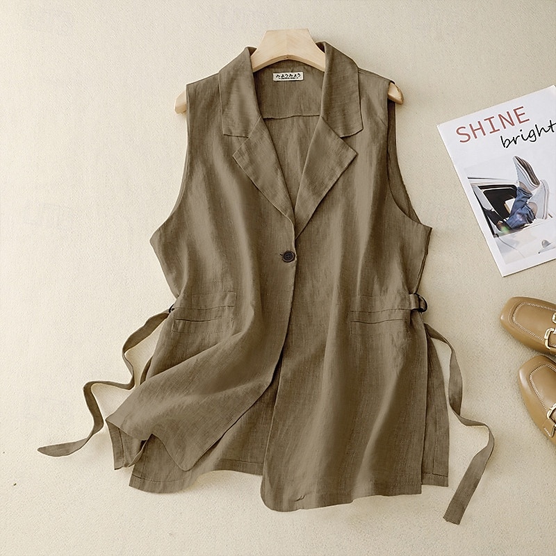 Women's  Cotton Linen Vest Plain Casual Sleeveless Shirt Collar Regular Tops Daily Holiday Going out Buttons Pocket Khaki Apricot Summer