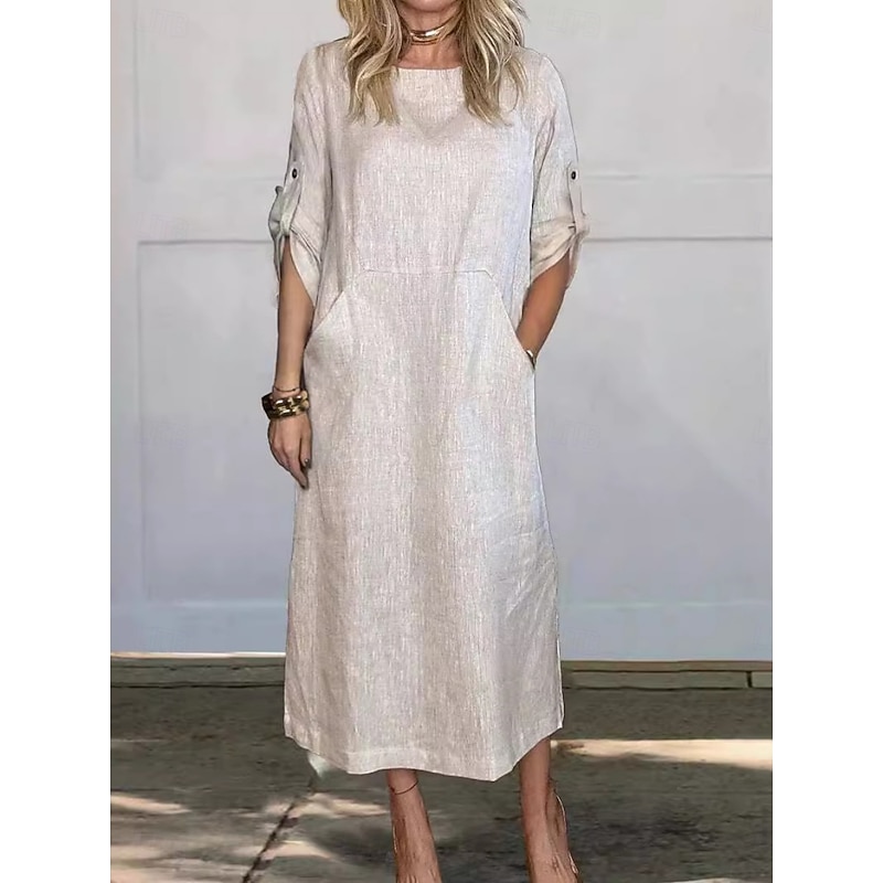 Women's Maxi Dress A Line Dress Summer Dress Linen Casual Daily Regular Fit Graphic Plain 3/4 Length Sleeve Crew Neck Black White Red Blue Summer