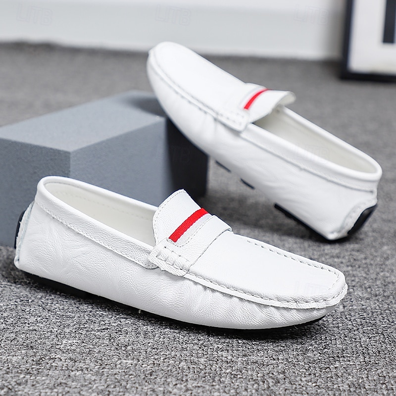 Men's White Slip-On Loafers with Red Accent, Casual Driving Shoes, Perfect for Spring and Summer Vacations and Beach Getaways3
