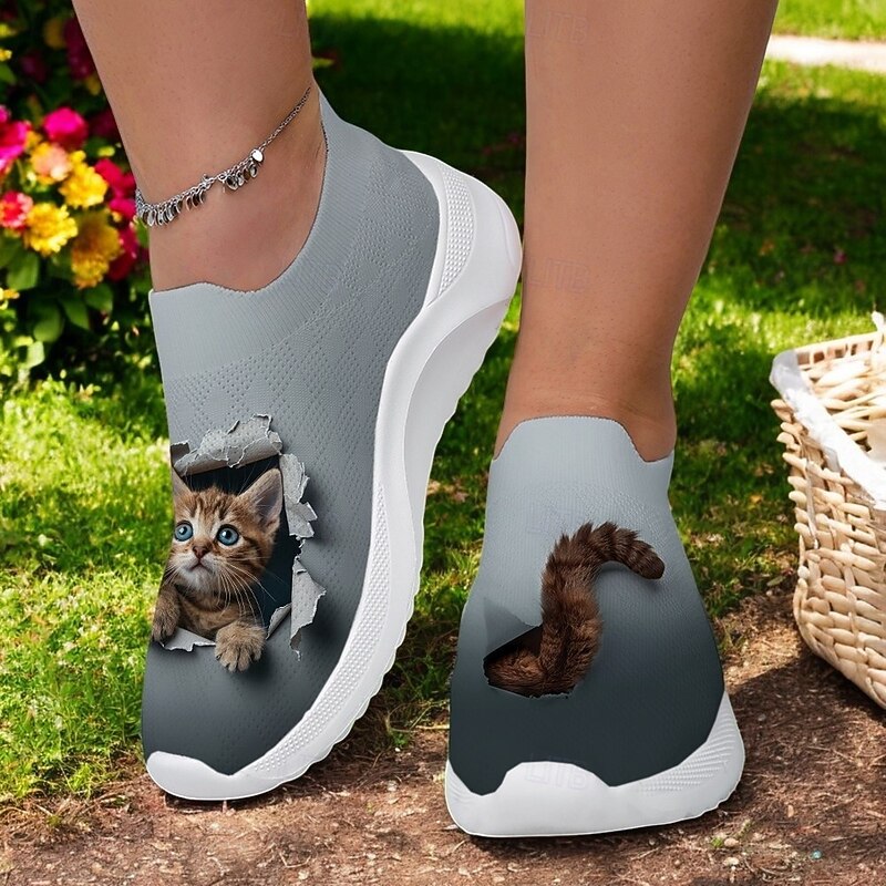 Slip-On Flyknit Sneakers with Cat Print Design, Breathable Upper and Comfortable Sole for Casual and Fun Wear