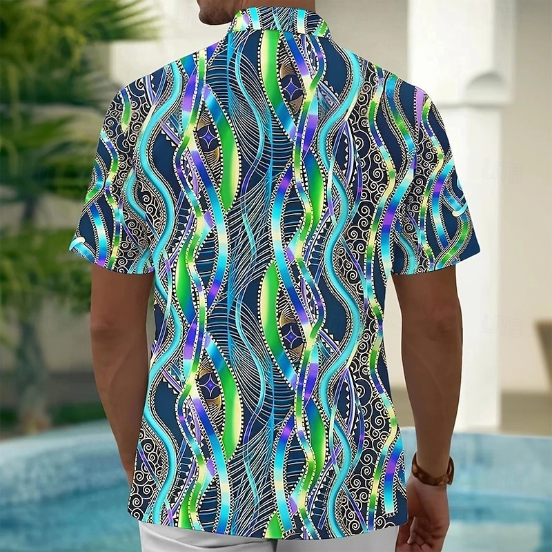 Men's Geometric Waves Dazzle color Shirt Casual Shirt Button Up Shirt Short Sleeve Fashion Casual Outdoor Vacation Dailywear Summer Spring Turndown 3D Print Collared Shirts Front One Pocket Green2