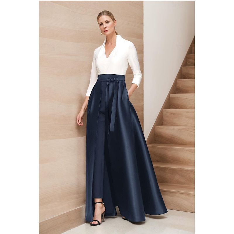 A-Line Jumpsuit Mother of the Bride Black and White Elegant Simple Minimalist V Neck Floor Length Ankle Length Satin Sleeveless 3/4 Length Sleeve with Sash / Ribbon4
