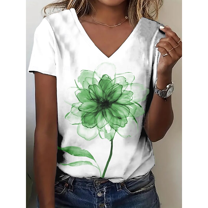 Women's T Shirt Summer Tops Floral Graphic Classic Casual Short Sleeve V Neck Crop Tops Daily Weekend Print Yellow Red Purple Green Light Blue Summer Spring Fall2