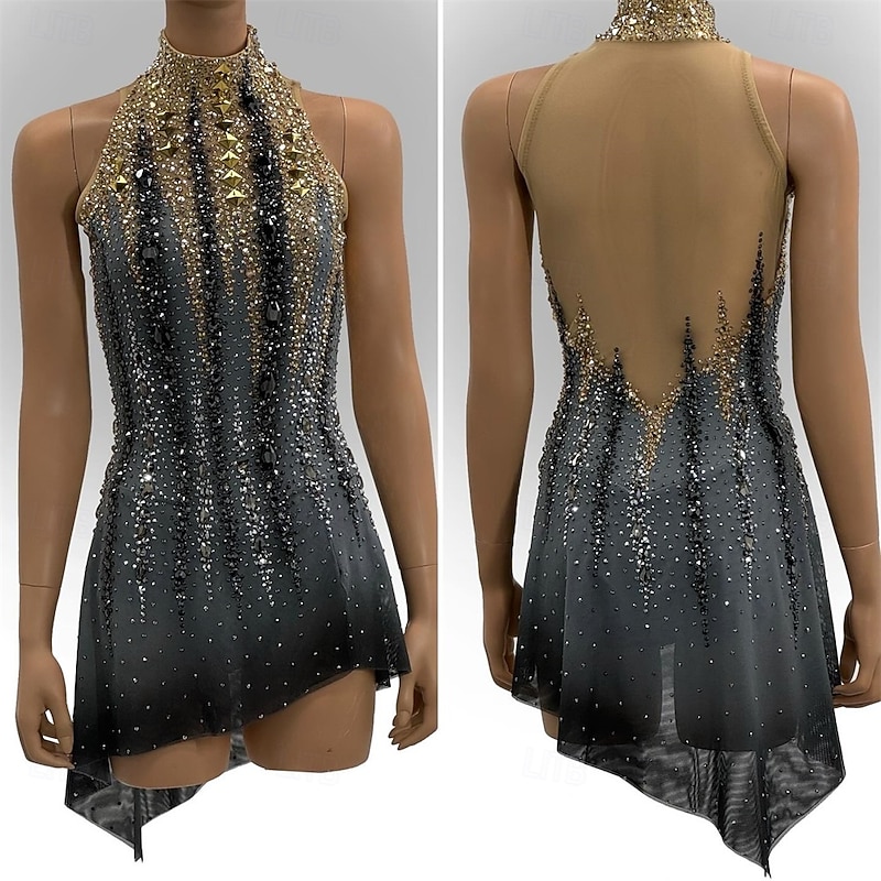 Figure Skating Dress Women's Girls' Ice Skating Dress Dark Grey Patchwork Asymmetric Hem Mesh High Elasticity Training Competition Skating Wear Classic Crystal / Rhinestone Sleeveless Ice Skating