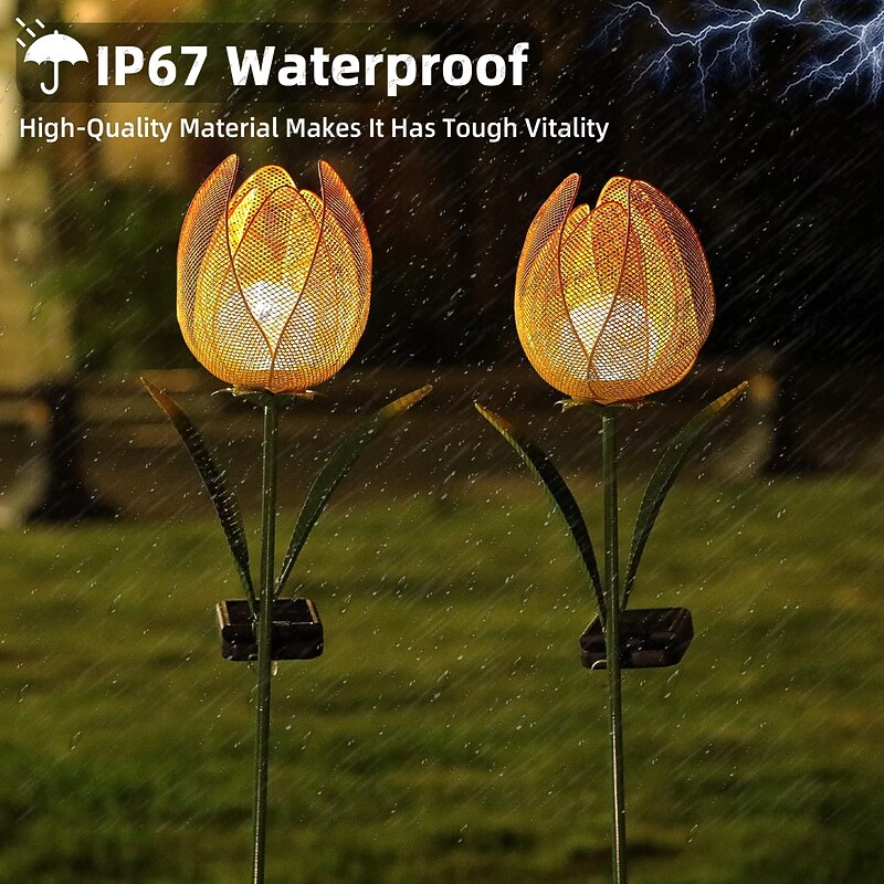 2 Pcs outdoor solar iron hollow flower petals tulip ground inserted lights courtyard garden path lawn sidewalk decorative lights landscape lights