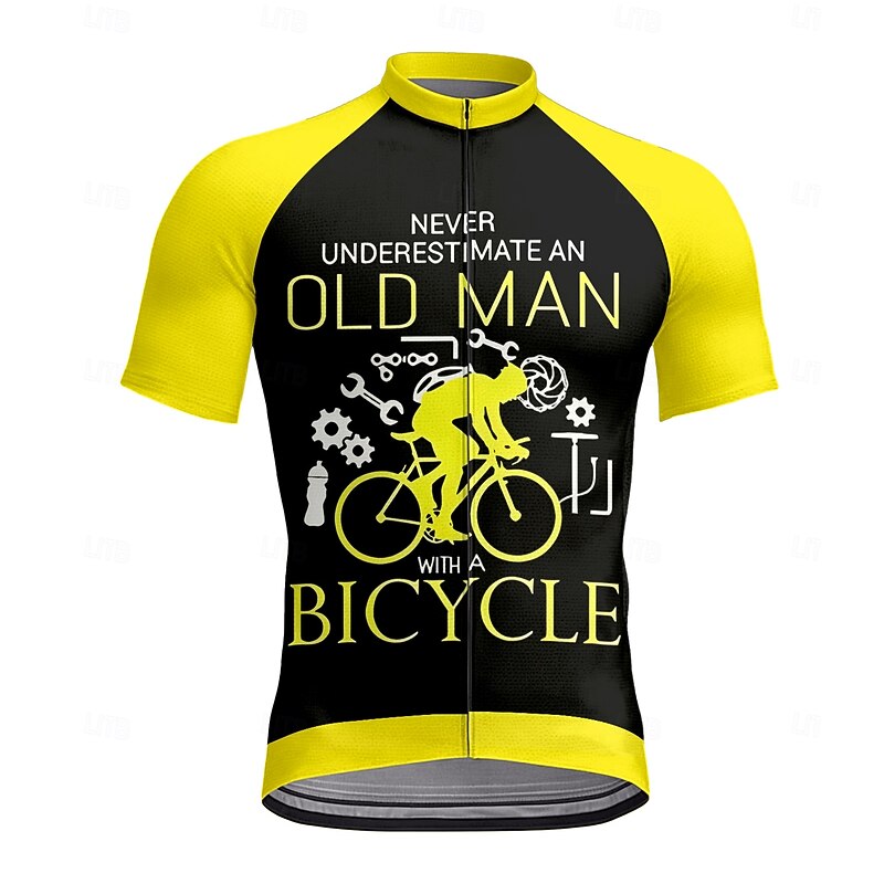 Men's Cycling Jersey Graphic Geometric Letter & Number Short Sleeve Bike Tee Tshirt Top with 3 Rear Pockets UV Resistant Quick Dry Front Zipper Reflective Strips Sports Yellow Clothing Apparel