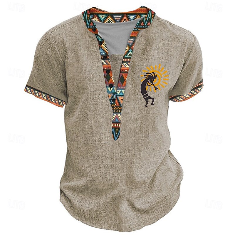 Men's Graphic Tribal Henley Shirt Short Sleeve 3D Print Fashion Designer Basic Street Casual Daily Summer Spring Light Blue Black Light Green Khaki Stand Collar Henley Henley T-Shirt