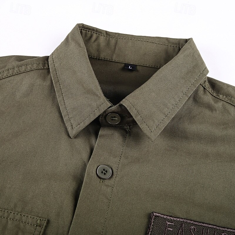 Men's Shirt Summer Shirt Casual Shirt Button Up Shirt Cargo Shirt Black khaki Army Green Long Sleeve Plain Shirt Collar Vacation Hawaiian Pocket Clothing Apparel 100% Cotton Fashion Casual Comfortable3