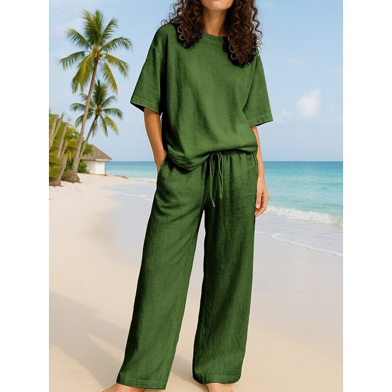 Women's Active Basic Two Piece Sets Pants Sets Half Sleeve Crew Neck Solid Color Casual Daily Navy Blue Brown Green Summer Regular Fit4