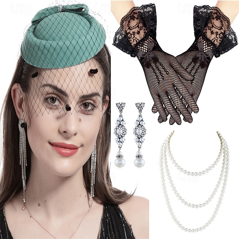 1950s Vintage Fascinator Hat Faux Feather Mesh Net Cocktail Tea Party Headwear ,Necklace and Women Short Lace Gloves4