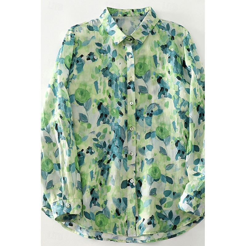 Women's Shirt Button Up Cotton Linen Shirt Blouse Flower Stylish Modern Long Sleeve V Neck Regular Tops Holiday Going out Buttons Print Green Summer