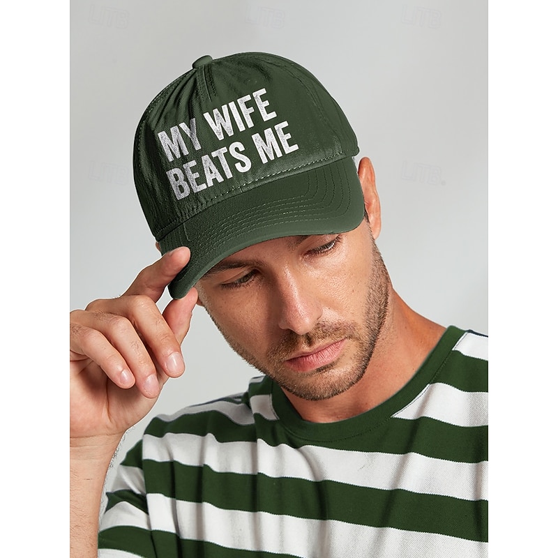 Men's Distressed Graphic ，Humorous 'My Wife Beats Me' Print Baseball Cap - Funny Design, Adjustable Snapback Cap, Casual Street Style, Suitable for Outdoor, Travel or Summer Activities
